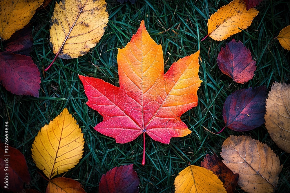 A leafy green field with a red leaf in the center A leafy green field with a red leaf in the center