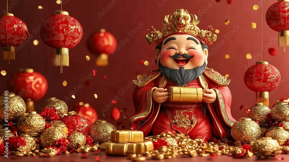 A smiling Chinese god of wealth holding a gold ingot surrounded by gold coins and red lanterns. A smiling Chinese god of wealth holding a gold ingot surrounded by gold coins and red lanterns.