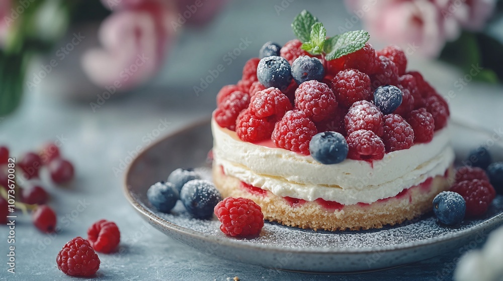 A delicious cheesecake topped with fresh raspberries and blueberries and dusted with powdered sugar. A delicious cheesecake topped with fresh raspberries and blueberries and dusted with powdered sugar.