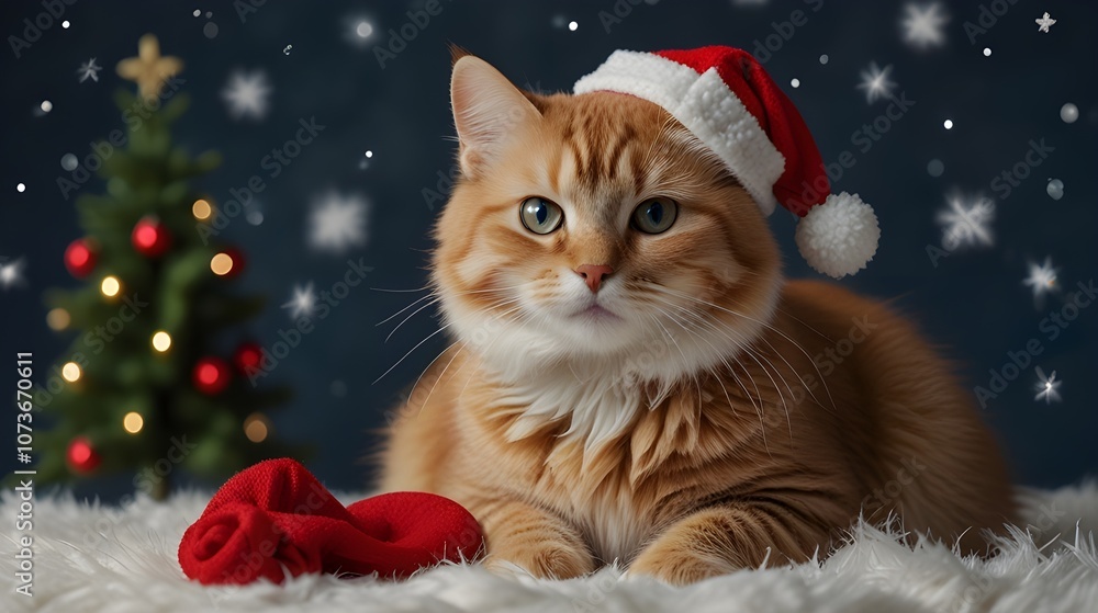 Cat in Santa Hat Posing by Festive Tree with Christmas Ornaments and Lights, portrait of cute relaxed cat close up. concept of happy pet life, care of domestic animal Cat in Santa Hat Posing by Festive Tree with Christmas Ornaments and Lights, portrait of cute relaxed cat close up. concept of happy pet life, care of domestic animal