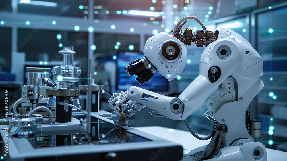 Advanced Robotic Arm Working on Scientific Research in a High-Tech Laboratory Setting During Nighttime Advanced Robotic Arm Working on Scientific Research in a High-Tech Laboratory Setting During Nighttime