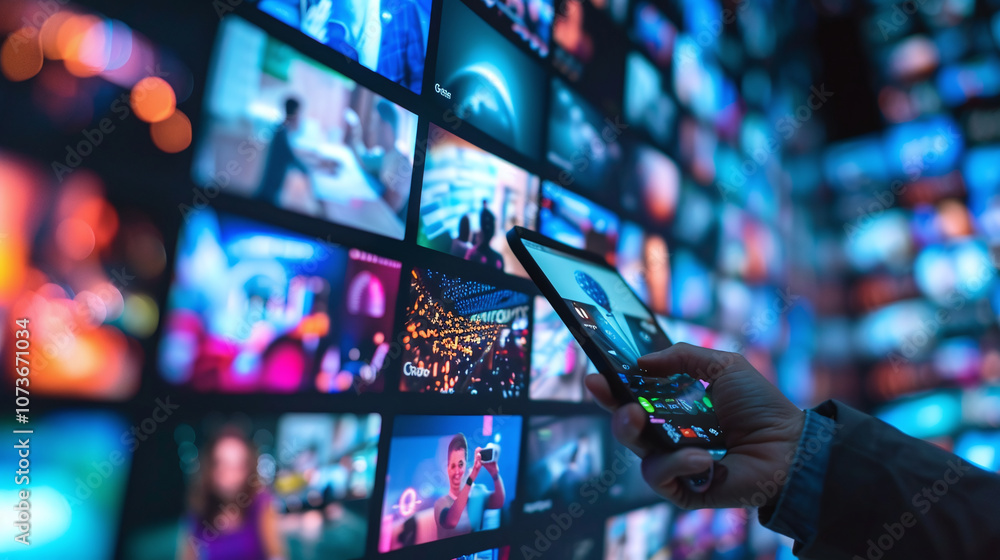 A Person Interacts With a Mobile Device in Front of a Vibrant Digital Display Featuring Numerous Colorful Media Content at a Tech Exhibition During Evening Hours A Person Interacts With a Mobile Device in Front of a Vibrant Digital Display Featuring Numerous Colorful Media Content at a Tech Exhibition During Evening Hours
