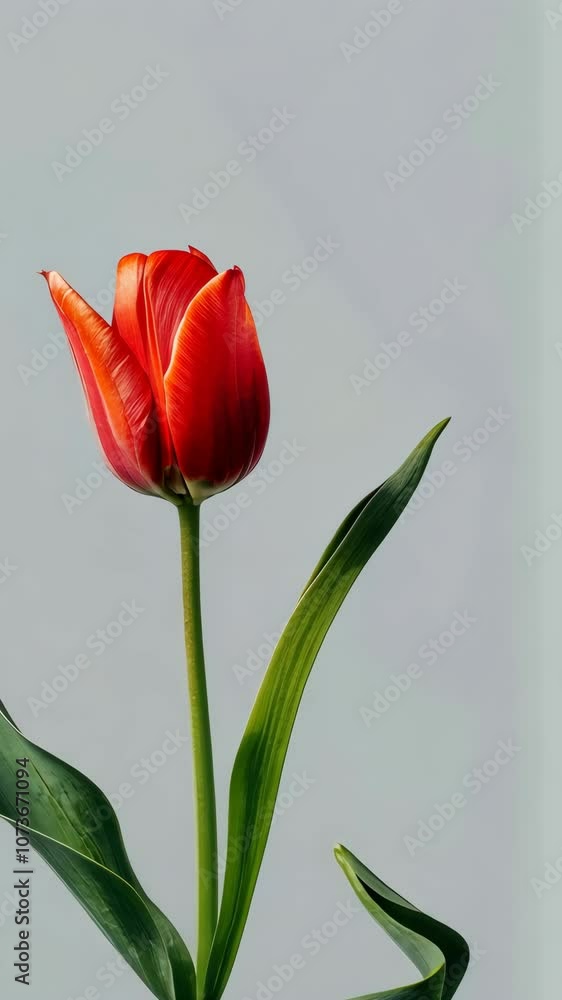 Red tulip with green leaves against a light background Red tulip with green leaves against a light background