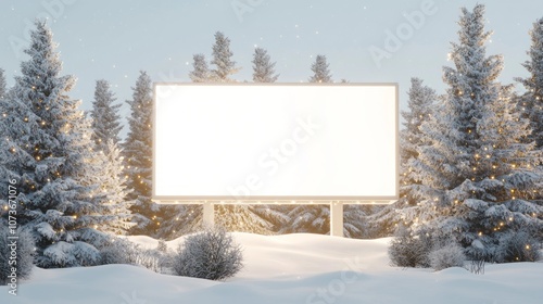 Winter Wonderland Billboard - Serene Snowy Landscape with Christmas Lights Adorning Pine Trees | Ultra-Detailed Stock Photo