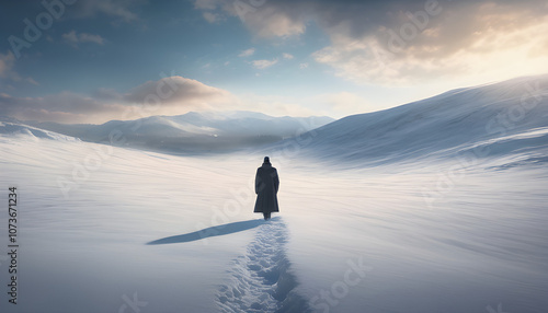 A person stands with his back turned on a snowy field where everything is covered in white. The details of the fine snow and the calm sky.