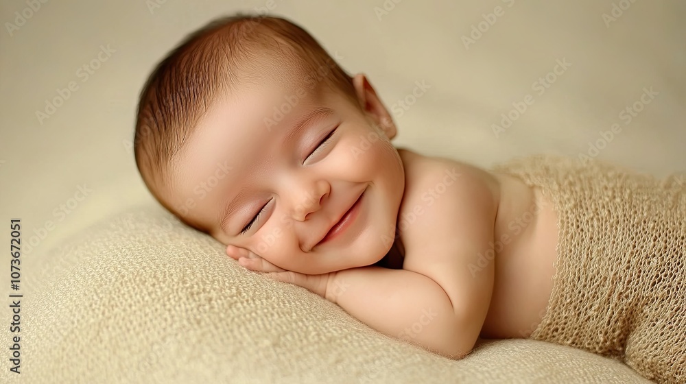 Newborn baby sleeping sweetly in his cot and smiling in his sleep. Happy life at home. A new addition to the family. Healthy baby soon after birth. Illustration for cover, postcard or brochure. Newborn baby sleeping sweetly in his cot and smiling in his sleep. Happy life at home. A new addition to the family. Healthy baby soon after birth. Illustration for cover, postcard or brochure.