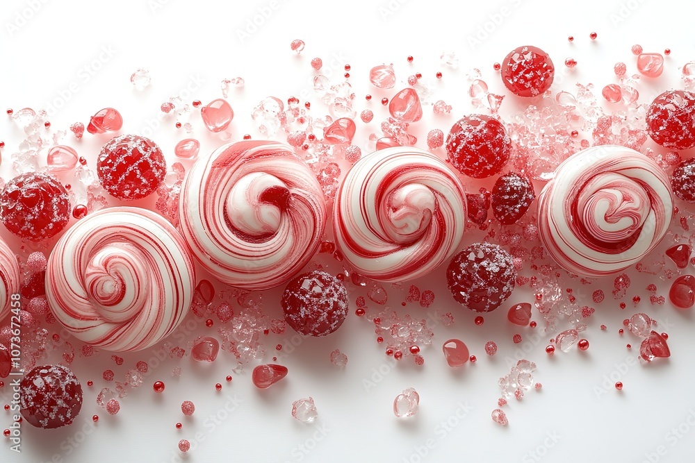 A close-up of red and white peppermint candies on a white background. The candies are arranged in a row, with the swirls of the candy clearly visible. A close-up of red and white peppermint candies on a white background. The candies are arranged in a row, with the swirls of the candy clearly visible.