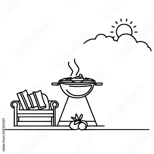 Outdoor barbecue illustration with grill and relaxing sun