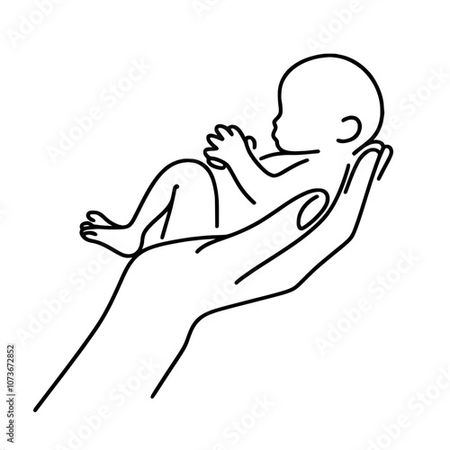 Minimalistic line art of baby in gentle hands for family and care themes