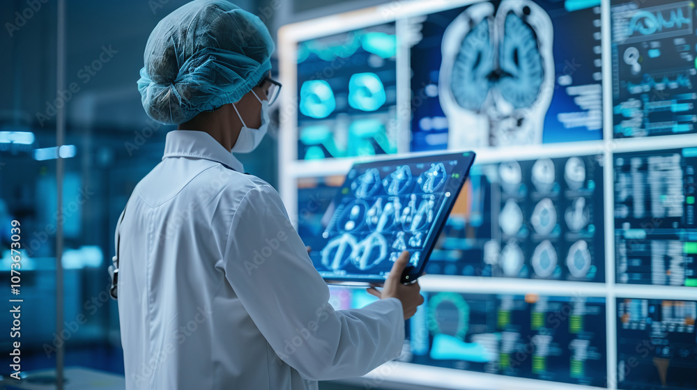 A Healthcare Professional Examining Brain Scans and Medical Data in a Modern Hospital During a Research Session, Focusing on Patient Diagnostics and Treatment Options A Healthcare Professional Examining Brain Scans and Medical Data in a Modern Hospital During a Research Session, Focusing on Patient Diagnostics and Treatment Options
