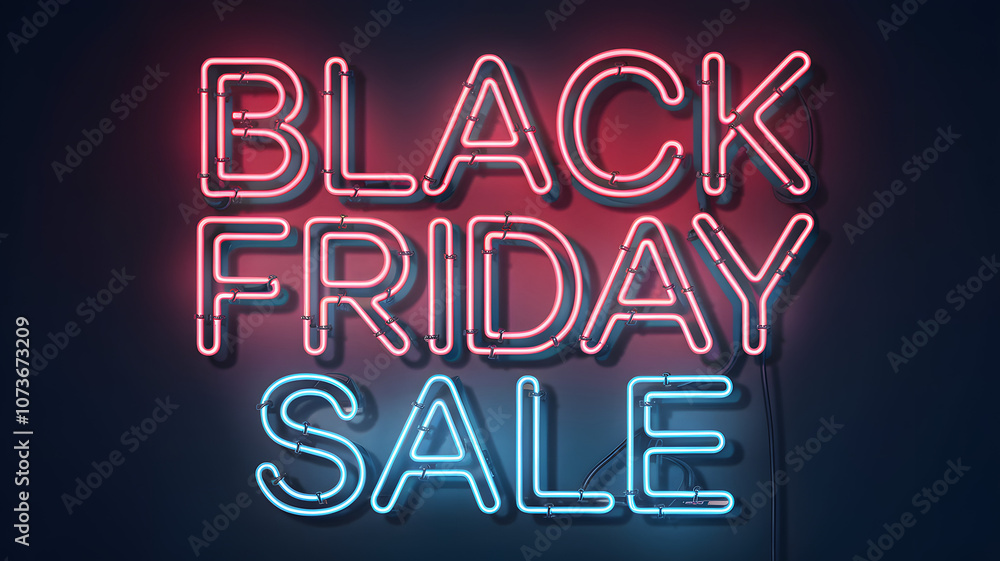 Neon signage promoting a Black Friday sale in a retail environment during evening hours Neon signage promoting a Black Friday sale in a retail environment during evening hours