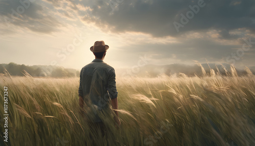 A person stands with his back turned in a windswept grassland. Details of clothing fluttering in the wind and long, wavy grass.