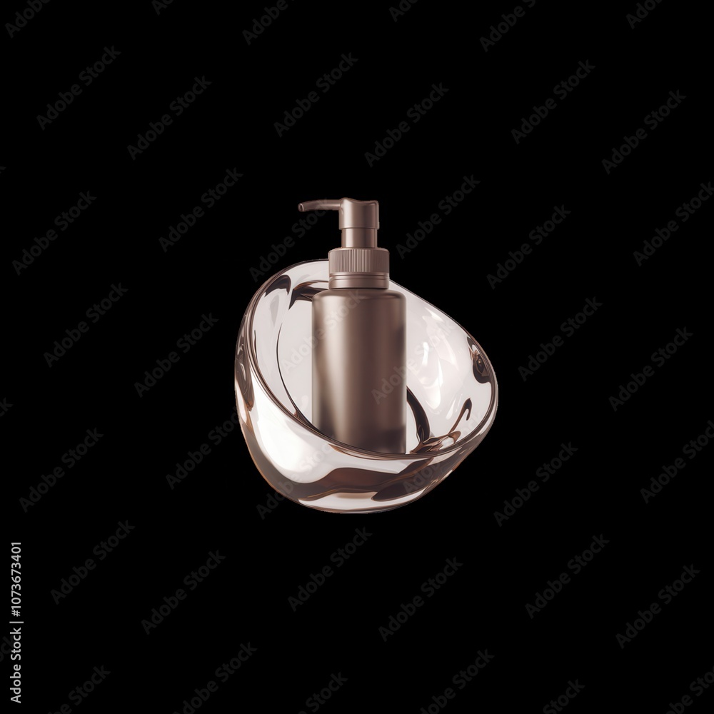 A sleek, modern soap dispenser sits elegantly in a polished shell-like holder against a dark background, highlighting its design. A sleek, modern soap dispenser sits elegantly in a polished shell-like holder against a dark background, highlighting its design.