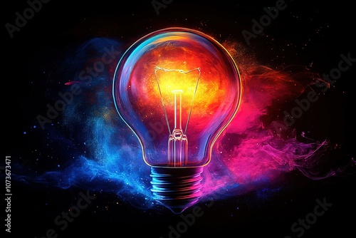 A lightbulb glowing with a fiery orange and yellow light, surrounded by swirls of blue and pink smoke.