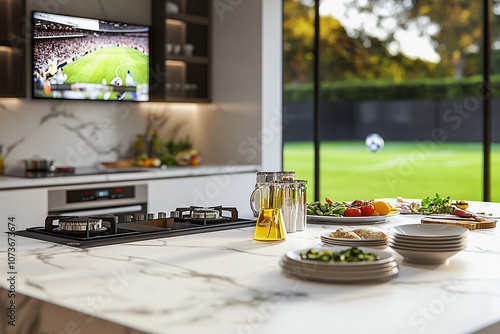 Modern kitchen with a soccer game playing on the TV and a view of a soccer field outside.