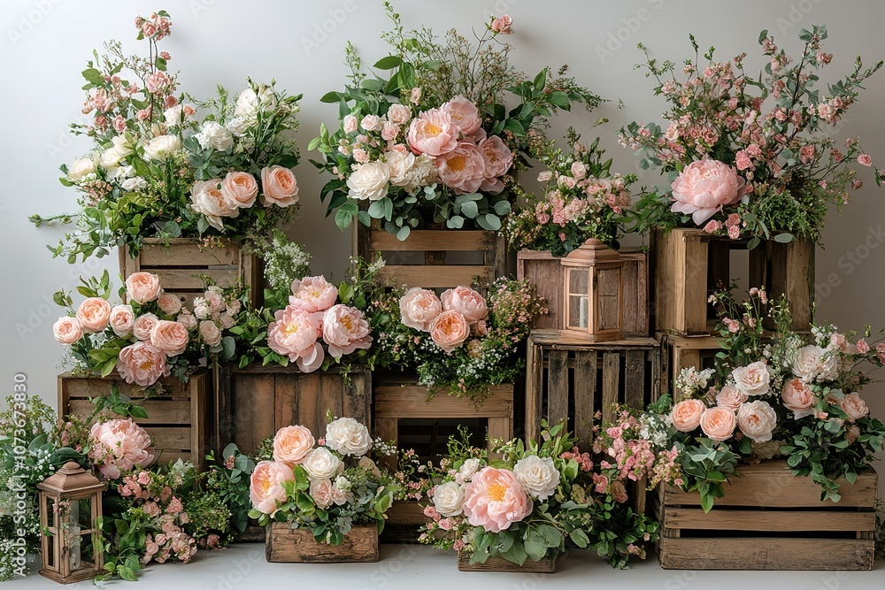 A beautiful display of pink and white flowers arranged in rustic wooden crates. A beautiful display of pink and white flowers arranged in rustic wooden crates.