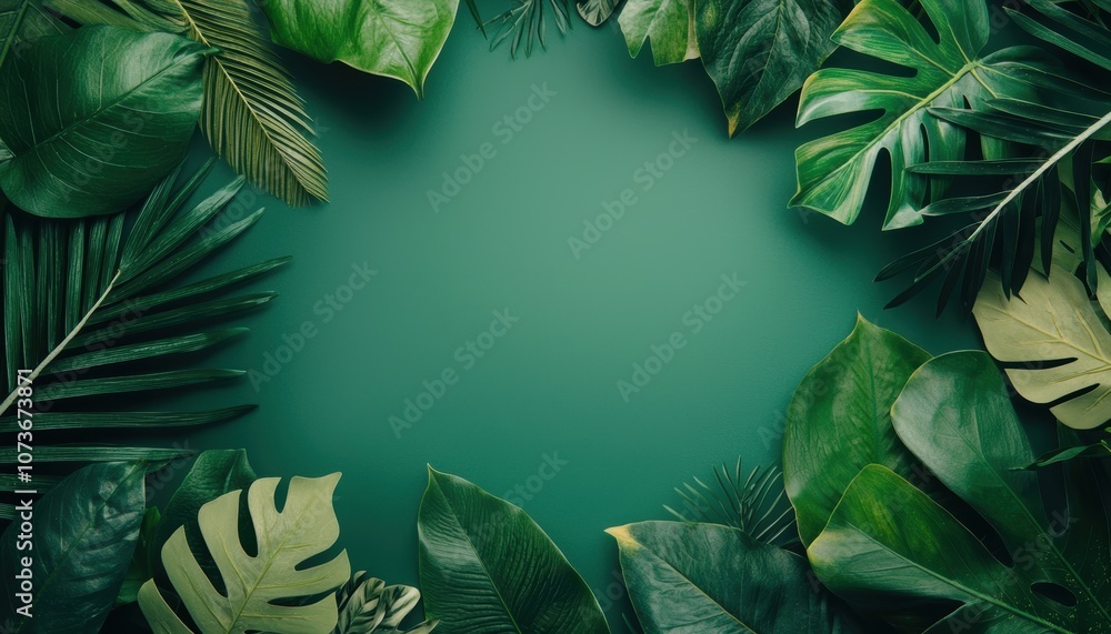 Green foliage frame with tropical leaves, white negative space in the center, modern botanical theme for versatile use Green foliage frame with tropical leaves, white negative space in the center, modern botanical theme for versatile use