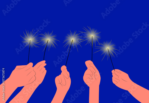 party excitement with holding fireworks. hand and fireworks elements with blue background