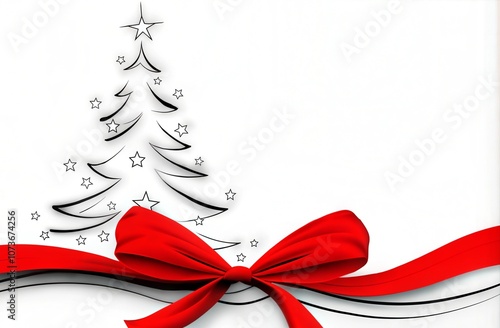 Stylized Christmas tree banner with ribbon and stars and copy space on white background