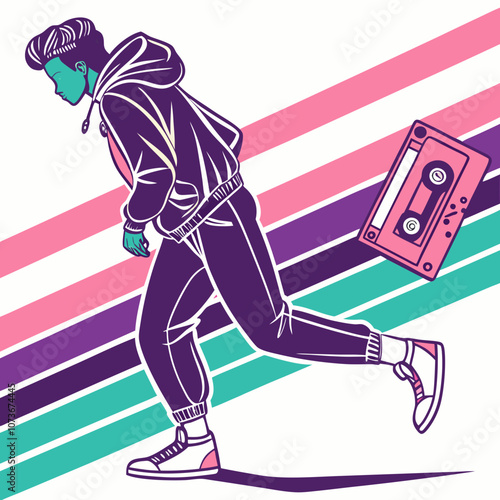 Bold, curving lines and gradients in a retro 80s style, with neon colors like pink, teal, and purple, evoking a sense of nostalgia.
