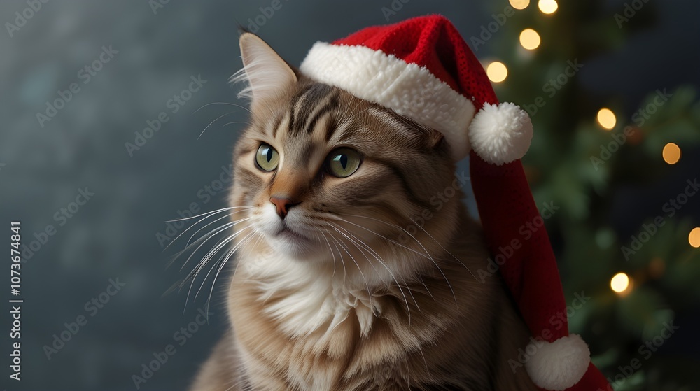 Holiday Cat in Santa Hat with Christmas Tree and Warm Bokeh Background, Photo of cute, beautiful, fluffy cat near the Christmas tree, happy new year and merry christmas, gifts, festive mood Holiday Cat in Santa Hat with Christmas Tree and Warm Bokeh Background, Photo of cute, beautiful, fluffy cat near the Christmas tree, happy new year and merry christmas, gifts, festive mood