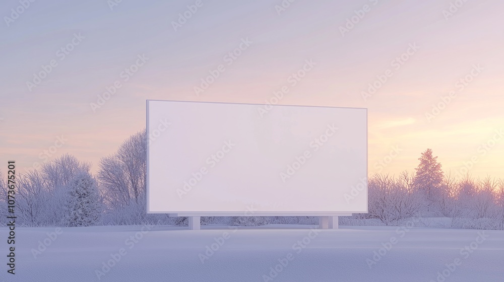 Captivating Winter Sunset Scene with Blank White Billboard - Perfect Christmas Eve Setting with Silhouetted Trees and Frosty Ground Captivating Winter Sunset Scene with Blank White Billboard - Perfect Christmas Eve Setting with Silhouetted Trees and Frosty Ground