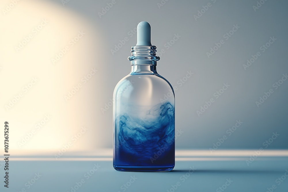 A glass bottle with a dropper top and a swirling blue liquid inside, a minimalist aesthetic. A glass bottle with a dropper top and a swirling blue liquid inside, a minimalist aesthetic.