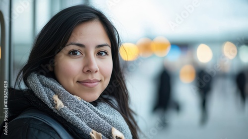 Portrait of a Young Woman in a City Setting with a Soft Focus Background