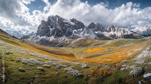 A breathtaking view of a mountain range with snow-capped peaks and a valley filled with wildflowers.