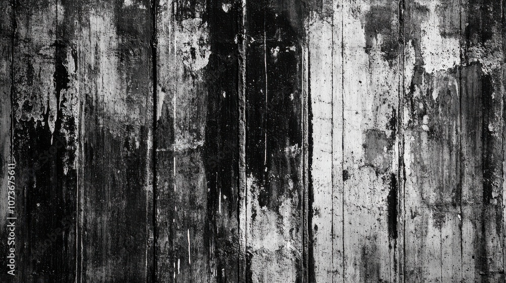 Fototapeta premium A close-up of a weathered concrete wall with vertical streaks of dark paint and chipped paint, creating a textured and abstract background.