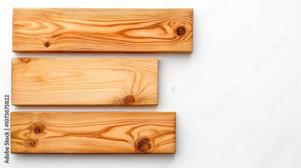 Engineer and Contruction, Natural wooden planks of varying lengths arranged on white background, showcasing their unique grain patterns and textures, perfect for construction or design projects Engineer and Contruction, Natural wooden planks of varying lengths arranged on white background, showcasing their unique grain patterns and textures, perfect for construction or design projects