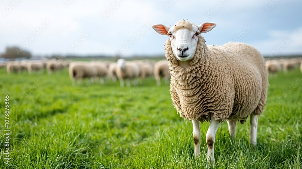 A single sheep stands in a field of green grass, looking directly at the camera with a flock of sheep behind it. A single sheep stands in a field of green grass, looking directly at the camera with a flock of sheep behind it.