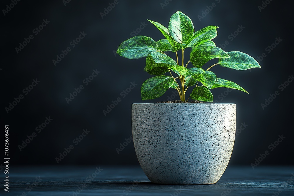A potted plant with speckled green leaves sits against a dark background.