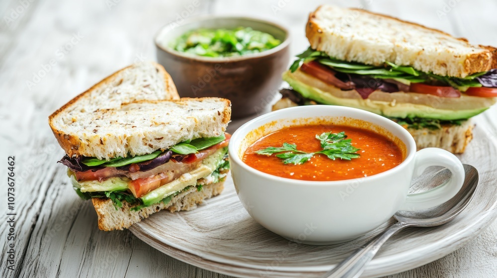 A bowl of tomato soup, two sandwiches, and a bowl of green salsa on a wooden table. A bowl of tomato soup, two sandwiches, and a bowl of green salsa on a wooden table.