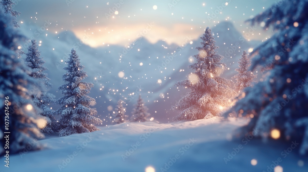 Snowy forest scene with pine trees dusted in white during a soft snowfall with a warm glow in the distance.