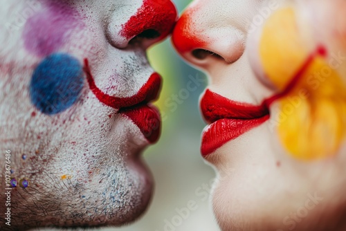 Close-up of two clowns with colorful face paint and red lips about to kiss, showcasing artistic expression and vibrant makeup.