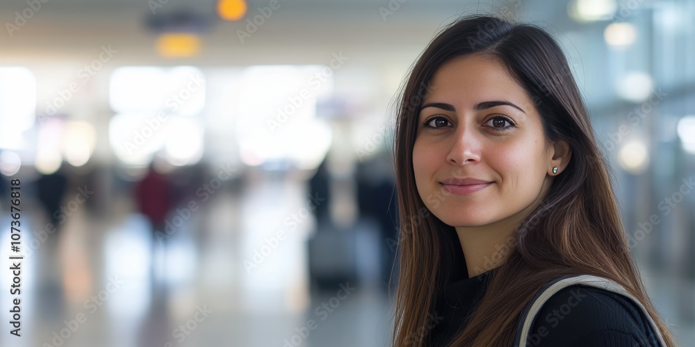 Smiling Young Woman at Airport Terminal with Blurred Background Smiling Young Woman at Airport Terminal with Blurred Background