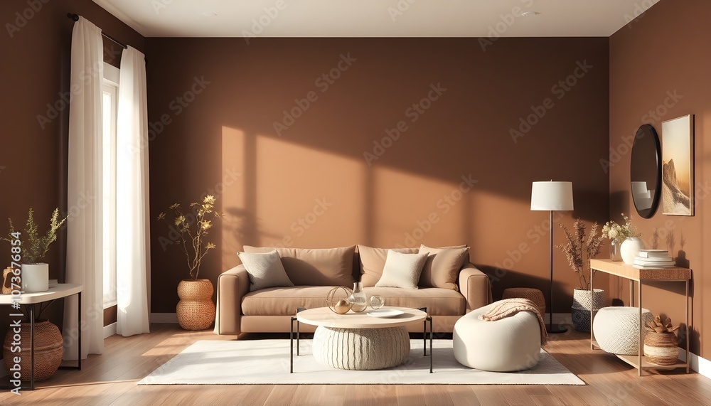 Cozy Living Room with Brown Walls and Natural Elements Cozy Living Room with Brown Walls and Natural Elements