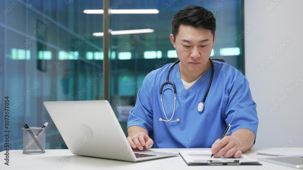Asian male doctor in office, focused on writing and using laptop computer. Medical worker physician takes notes or is busy with paper work sitting at desk at the workplace in a modern hospital clinic Asian male doctor in office, focused on writing and using laptop computer. Medical worker physician takes notes or is busy with paper work sitting at desk at the workplace in a modern hospital clinic
