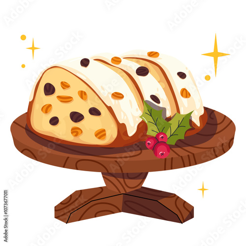 Stollen. Sweet bread with raisins in winter time. Traditional german pastry for christmas,advent time. Austrian Stollen cake. Sweet national pastries in white glaze for the holiday Christmas