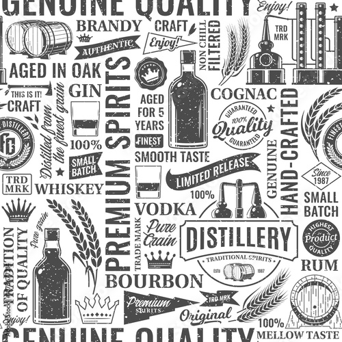 Vector alcoholic drinks seamless pattern or background. Distilling company icons and design elements