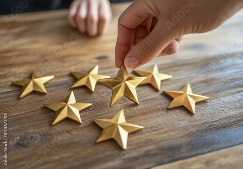 Hand Placing Five Gold Stars on Wooden Table