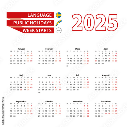 Calendar 2025 in Swedish  language with public holidays the country of Sweden in year 2025.