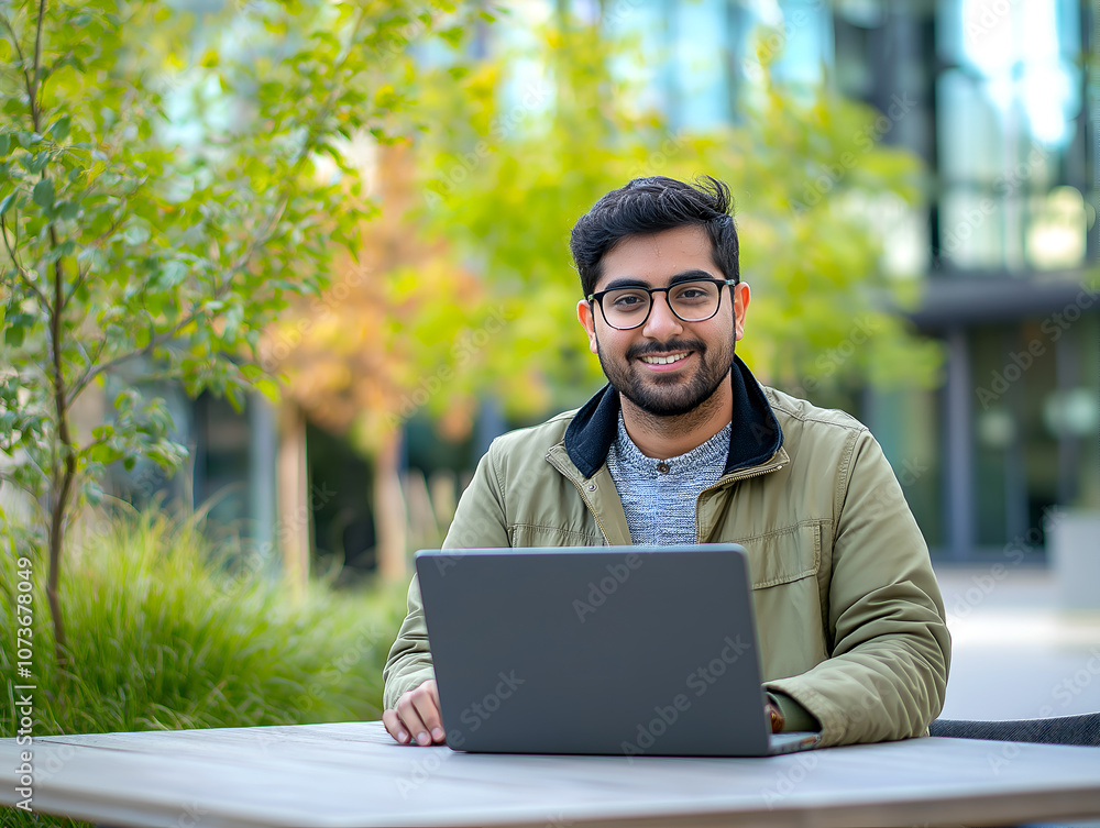 Young professional man working on a laptop outdoors, sitting at a table in a modern park setting on a bright day Young professional man working on a laptop outdoors, sitting at a table in a modern park setting on a bright day