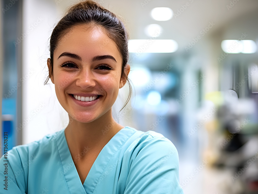 Friendly young nurse smiling in a hospital hallway, wearing blue scrubs, representing healthcare compassion and professionalism in a clinical environment Friendly young nurse smiling in a hospital hallway, wearing blue scrubs, representing healthcare compassion and professionalism in a clinical environment