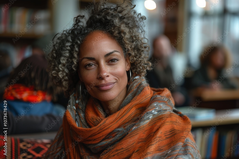 Confident Woman with Curly Hair in Cozy Orange Scarf Sitting in Warmly Lit Cafe Surrounded by Books and Diverse Patronssmiling Confident Woman with Curly Hair in Cozy Orange Scarf Sitting in Warmly Lit Cafe Surrounded by Books and Diverse Patronssmiling