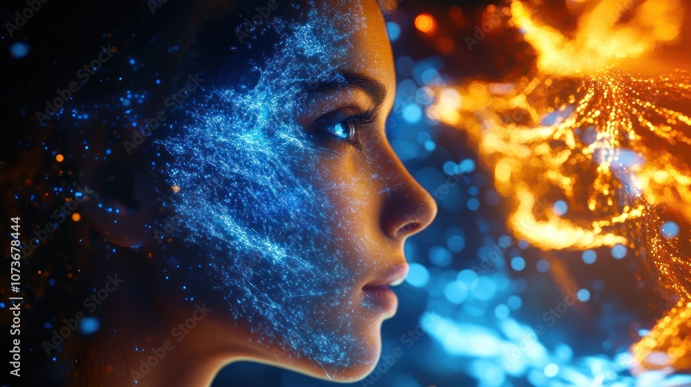 Woman Gazing at a Blue Digital World Woman Gazing at a Blue Digital World