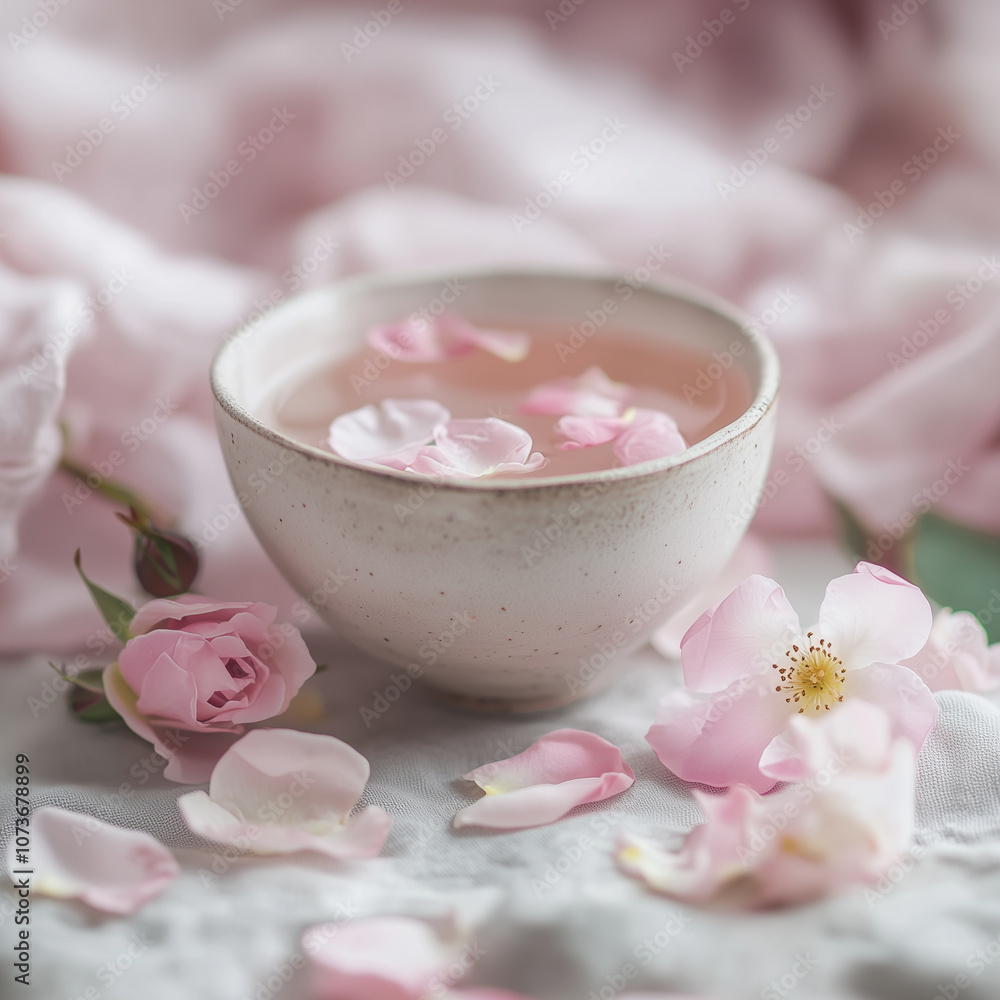 Close-Up of Soft Pink Roses and Ceramic Cup for Rose Petal Tea Close-Up of Soft Pink Roses and Ceramic Cup for Rose Petal Tea