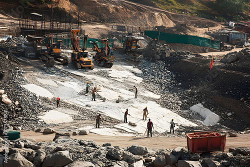 Workers extracting stone in suburban Antananarivo, Madagascar, on a rugged mining site surrounded by rocks and machinery