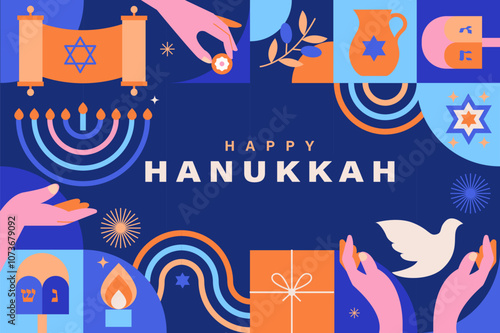 Happy Hanukkah greeting card with symbols of Jewish holiday. Template for banner, flyer with Torah, menorah candles, dreidels, donuts, oil jar, star David and place for your text. Vector illustration.